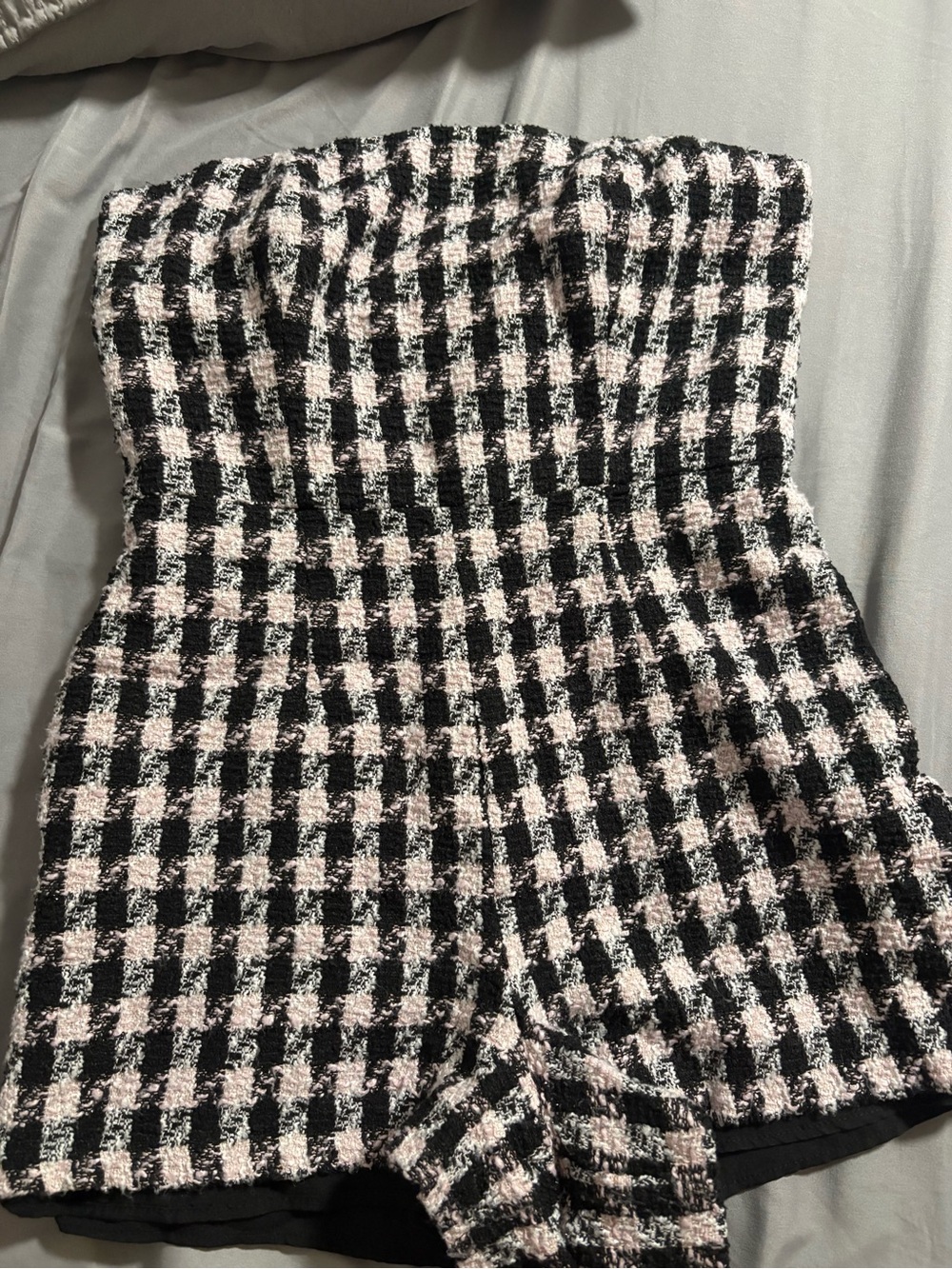 HUTCH Strapless Tweed Check Romper in Black & Light Pink